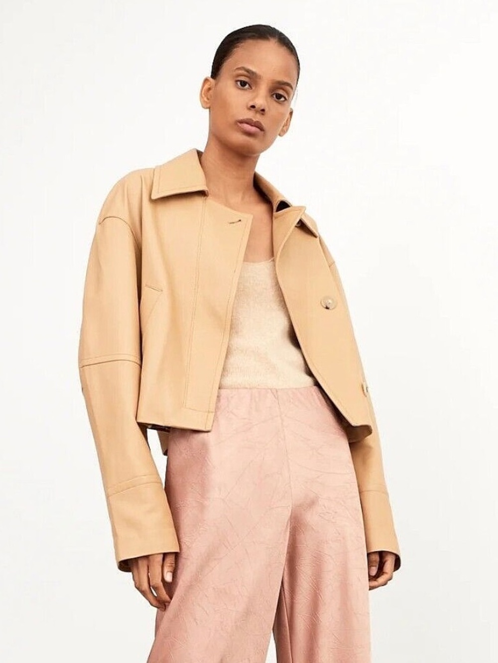 VINCE Lambskin Leather Cropped Leather Flight Jacket in Caramel - S